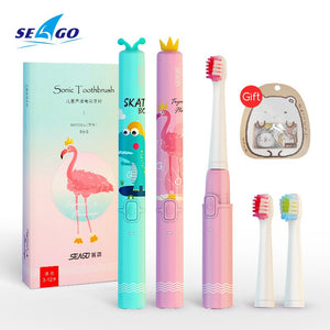 SEAGO Cartoon Children Electric Toothbrush Kids USB Rechargeable Sonic Replacement Tooth Cute Brush Heads Electric Teeth Brush