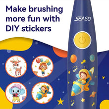 将图片加载到图库查看器，Seago Kids Electric Toothbrush DIY Stickers 3 Cleaning Modes Multiple Brush Heads Led Light Smart Timer Blue Pink SG-2159
