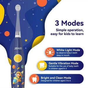 Seago Kids Electric Toothbrush DIY Stickers 3 Cleaning Modes Multiple Brush Heads Led Light Smart Timer Blue Pink SG-2159