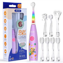 将图片加载到图库查看器，Seago Kids Electric Toothbrush DIY Stickers 3 Cleaning Modes Multiple Brush Heads Led Light Smart Timer Blue Pink SG-2159
