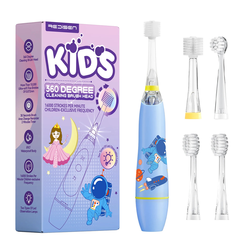 ReDISEN 360 Degree Children’s Electric Toothbrush with Fun LED Lights,SG-2113 Built-in 2-Minute Timer, Soft Bristles & Ergonomic