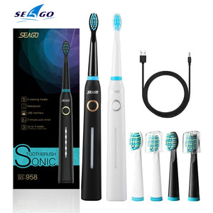 SEAGO Sonic Electric Toothbrush USB Rechargeable With Adults 5 Replacement Heads For Gift Black Swift Start Timer Toothbrush