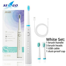 将图片加载到图库查看器，SEAGO Sonic Electric Toothbrush USB Rechargeable With Adults 5 Replacement Heads For Gift Black Swift Start Timer Toothbrush
