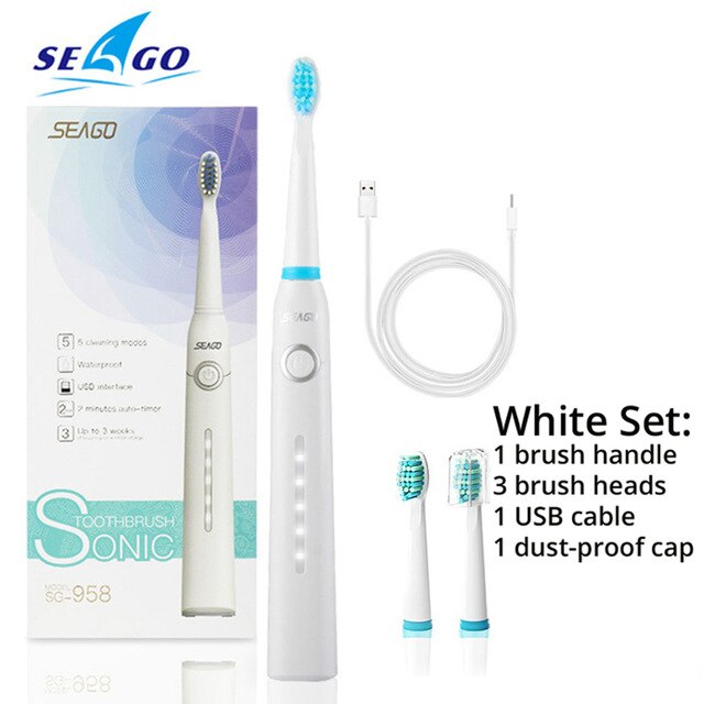 SEAGO Sonic Electric Toothbrush USB Rechargeable With Adults 5 Replacement Heads For Gift Black Swift Start Timer Toothbrush