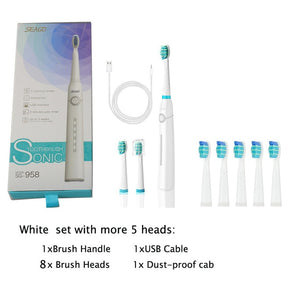 SEAGO Sonic Electric Toothbrush USB Rechargeable With Adults 5 Replacement Heads For Gift Black Swift Start Timer Toothbrush