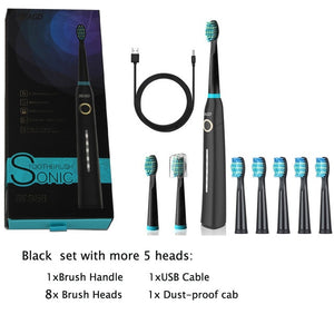 SEAGO Sonic Electric Toothbrush USB Rechargeable With Adults 5 Replacement Heads For Gift Black Swift Start Timer Toothbrush