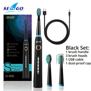 SEAGO Sonic Electric Toothbrush USB Rechargeable With Adults 5 Replacement Heads For Gift Black Swift Start Timer Toothbrush